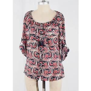 TORY BURCH Women's Abstract Button Down Blouse Sz 14 Red Blue Cotton Silk Blend